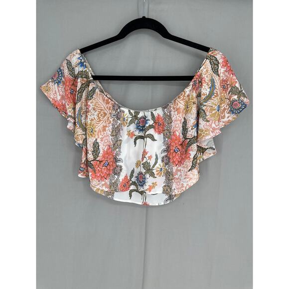 Show Me Your Mumu Top Womens XS White Floral Off Shoulder Crop Ruffle Nica Boho - Picture 4 of 9